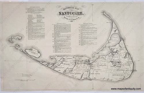 Antique black and white map of Nantucket with historical text above the map