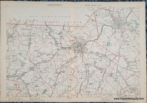 Antique map of part of Massachusetts with the area around Lowell. Shows railroads, roads, topography,etc. Bodies of water are colored an antique teal and the borders of the towns are a salmon tone.