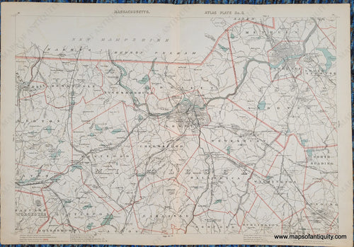 Antique map of part of Massachusetts with the area around Lowell. Shows railroads, roads, topography,etc. Bodies of water are colored an antique teal and the borders of the towns are a salmon tone.
