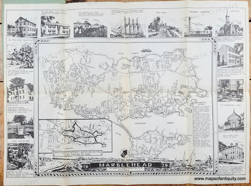 Black and white map of Marblehead MA with illustrations around it. Genuine-Map-Marblehead-1950-New-England-Map-Co-Maps-Of-Antiquity