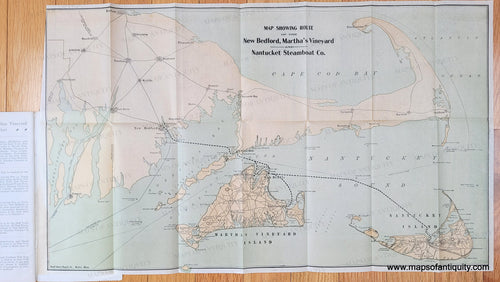 Original printed color tan for land and blue for water. Genuine-Antique-booklet-with-Map-Map-Showing-Route-of-the-New-Bedford-Marthas-Vineyard-and-Nantucket-Steamboat-Co.-1900-Rand-Avery-Supply-Co.-Maps-Of-Antiquity