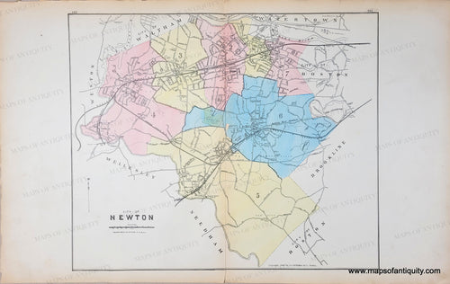 Antique map of the city of Newton in original hand-coloring of blue, pink, and yellow by ward.