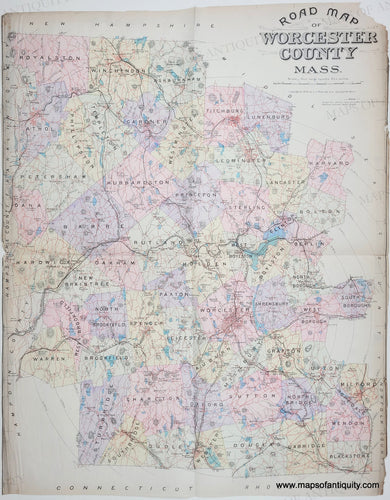 Genuine-Antique-Map-Road-Map-of-Worcester-County-Mass--1898-Richards-Maps-Of-Antiquity