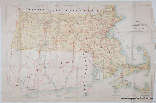 Antique Map of Massachusetts on a white background with original vintage tones of yellow, red, and blue
