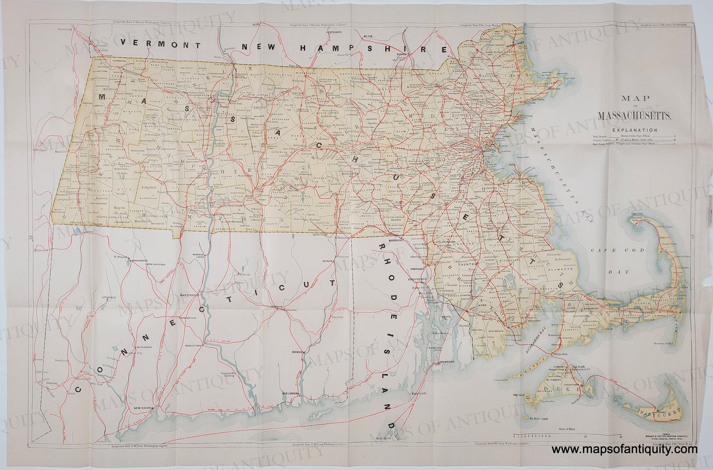 Antique Map of Massachusetts on a white background with original vintage tones of yellow, red, and blue