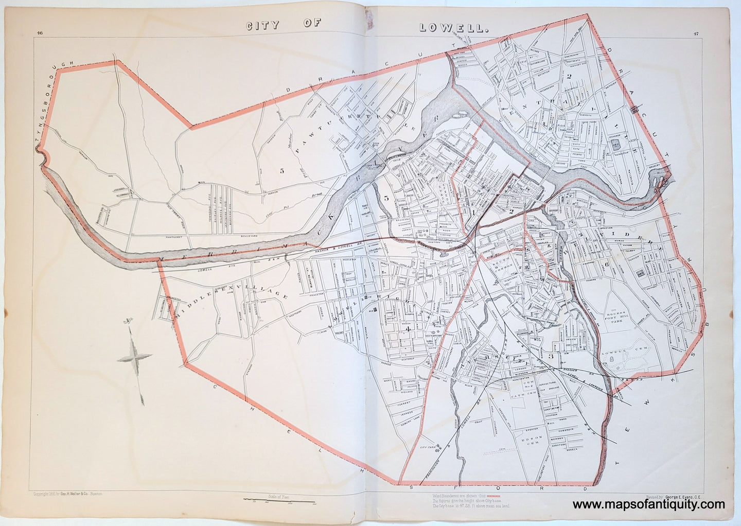 Antique-Printed-Color-Map-City-of-Lowell-(MA)-Massachusetts-Lowell-1908-G.-H.-Walker-Maps-Of-Antiquity