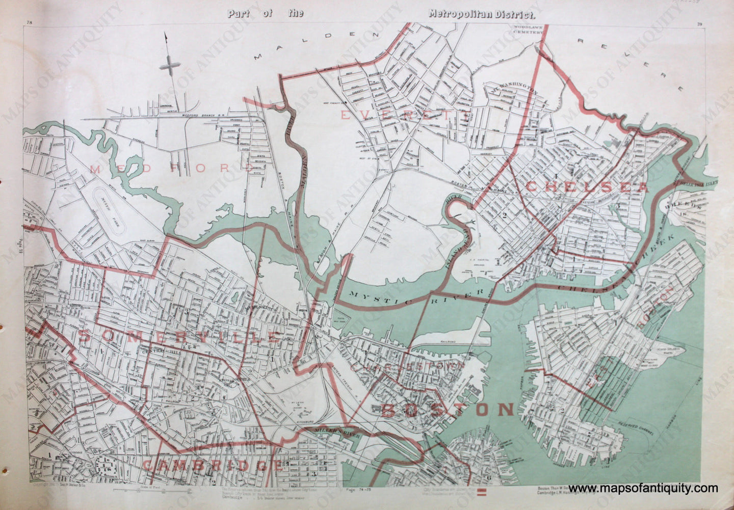 Antique-Printed-Color-Map-Part-of-the-Metropolitan-District---Boston--Massachusetts-Boston-1891-G.-H.-Walker-Maps-Of-Antiquity