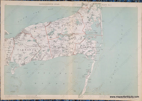 Antique-Printed-Color-Map-Massachusetts-Atlas-Plate-No.-9-****-Massachusetts-Cape-Cod-and-Islands-1891-G.-H.-Walker-Maps-Of-Antiquity. Antique printed lithograph color with antique teal green in water and red-orange lines separating towns.