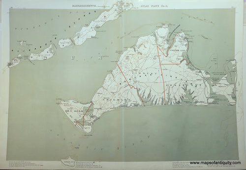 Antique map with green water, like a sage green, and orange lines indicating town boundaries and shoals. The land is the off-white color of the paper. Shows roads and railroads, the water areas are labeled, villages, includes the Elizabeth Islands.