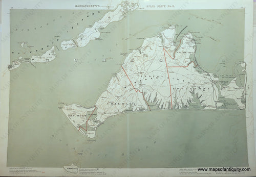 Antique map with green water, like a sage green, and orange lines indicating town boundaries and shoals. The land is the off-white color of the paper. Shows roads and railroads, the water areas are labeled, villages, includes the Elizabeth Islands.