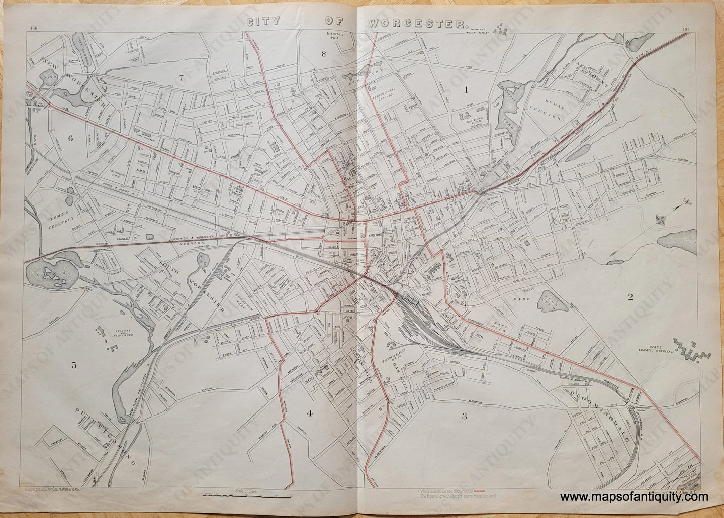 Antique-Printed-Color-Map-City-of-Worcester-(MA)-******-US-Massachusetts-Worcester-1891-G.-H.-Walker-Maps-Of-Antiquity