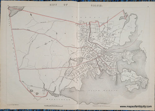 1891 - City of Salem. (MA) - Antique Map in black and white with some salmon-toned lines indicating districts of the city.