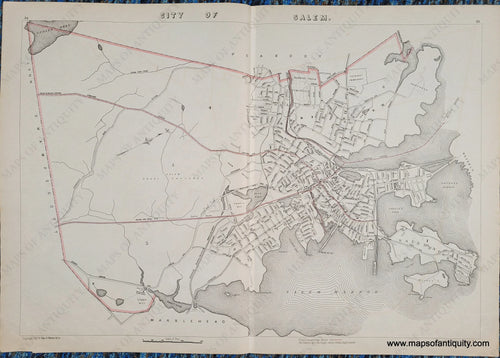 1891 - City of Salem. (MA) - Antique Map in black and white with some salmon-toned lines indicating districts of the city.