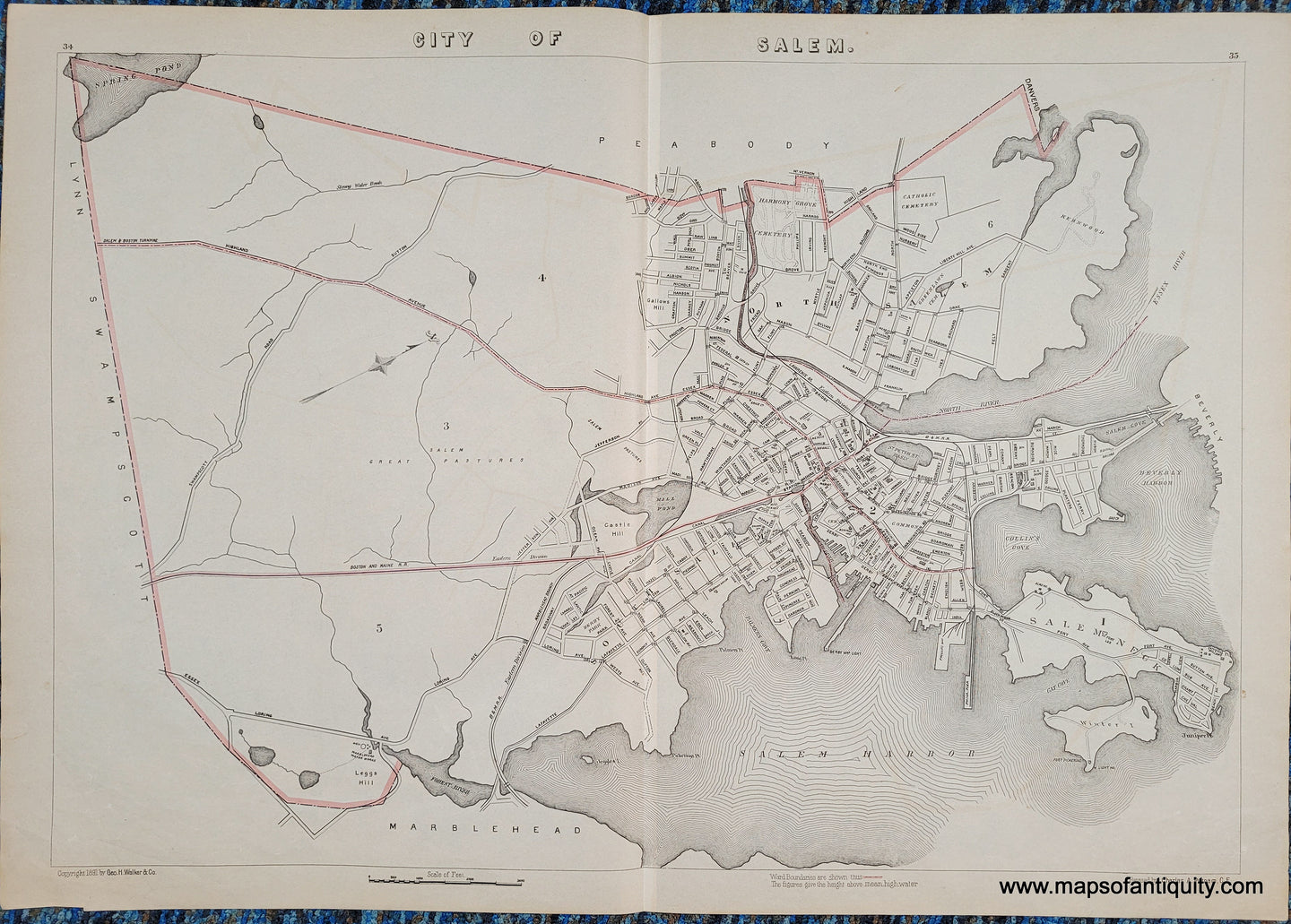 1891 - City of Salem. (MA) - Antique Map in black and white with some salmon-toned lines indicating districts of the city.