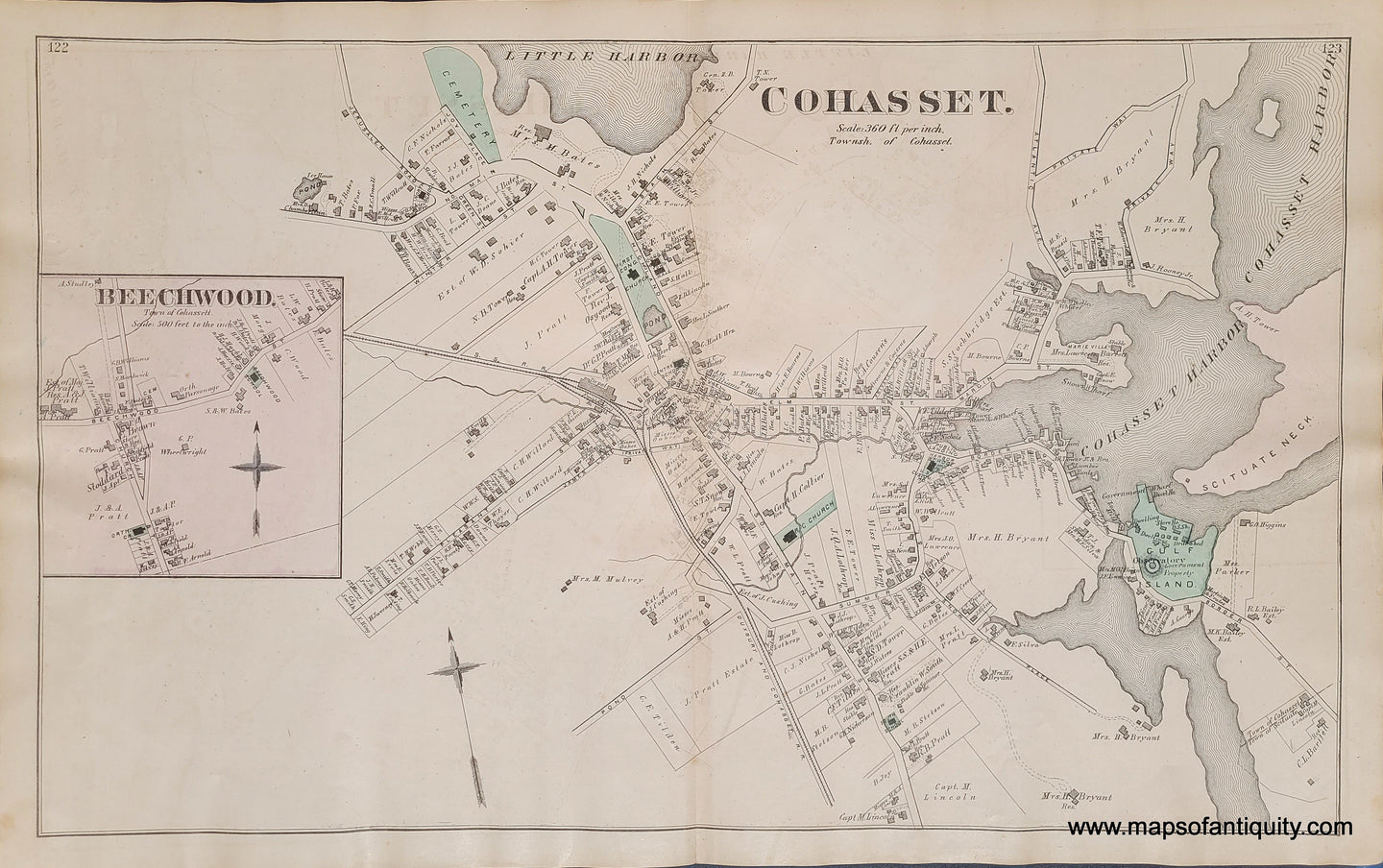 1876 - Cohasset (Double-sided page with town of Cohasset, also Dover, Bellingham, and North Bellingham) (MA) - Antique Map