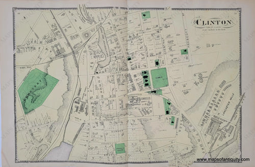 Antique-Hand-Colored-Map-Clinton-Center-Worcester-County-Massachusetts.-pp.-49-50-**********-US-Massachusetts-Clinton-1870-Beers-Maps-Of-Antiquity