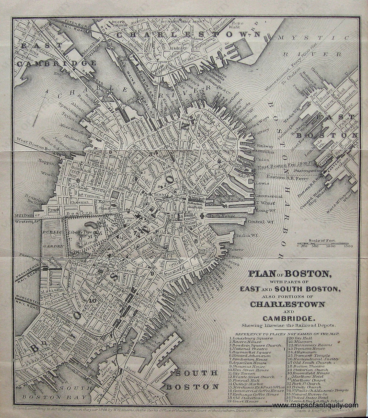 Black-and-White-Antique-Map-Plan-of-Boston-with-parts-of-East-and-South-Boston-also-portions-of-Charlestown-and-Cambridge.-******-US-Massachusetts-Boston-1848-Williams-Maps-Of-Antiquity