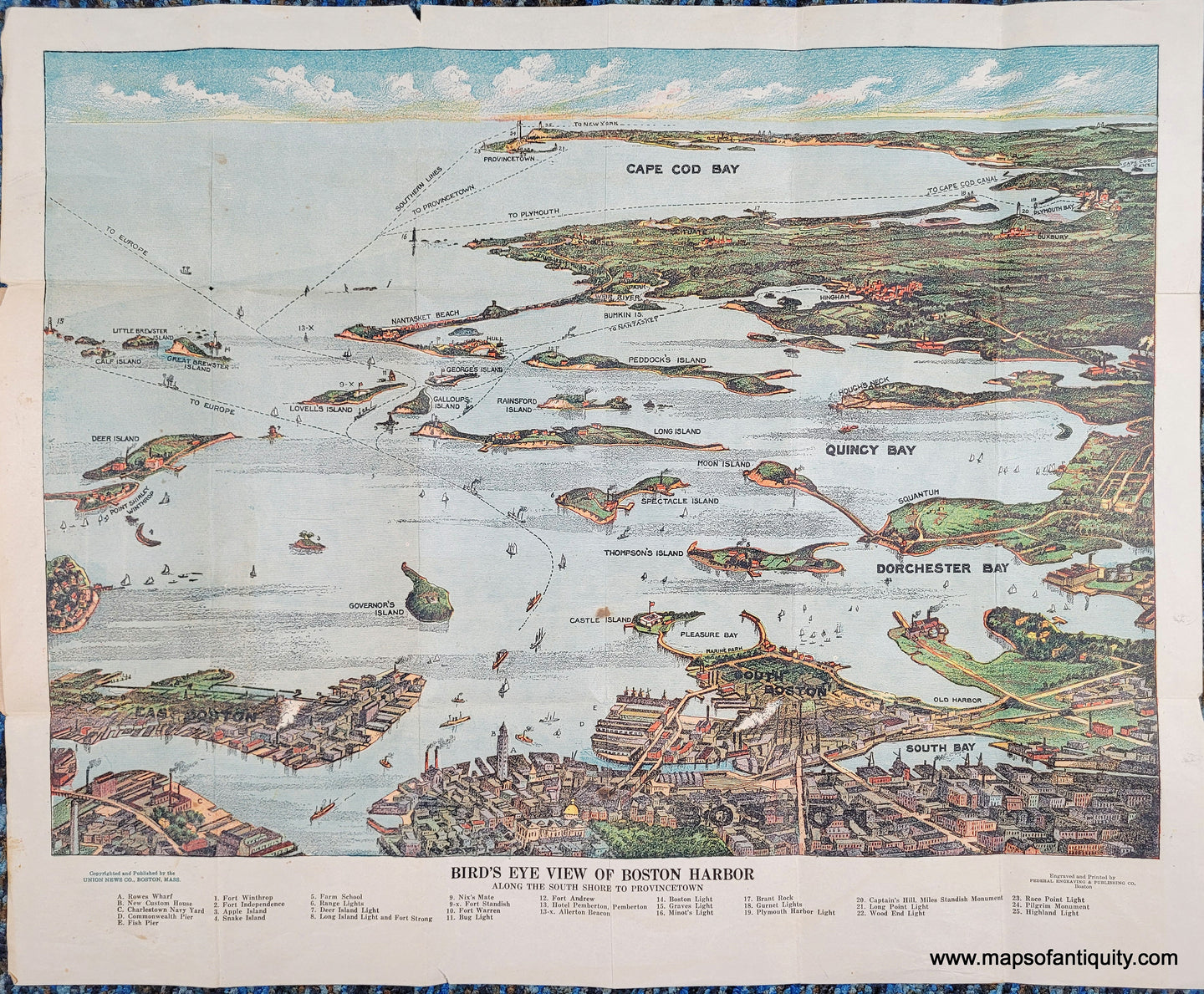 Antique-Map-Bird's-Eye-View-of-Boston-Harbor-Map-Massachusetts-cohasset-Hull-Plymouth-Provincetown-Cape-Cod-Walker-1920s-Maps-of-Antiquity