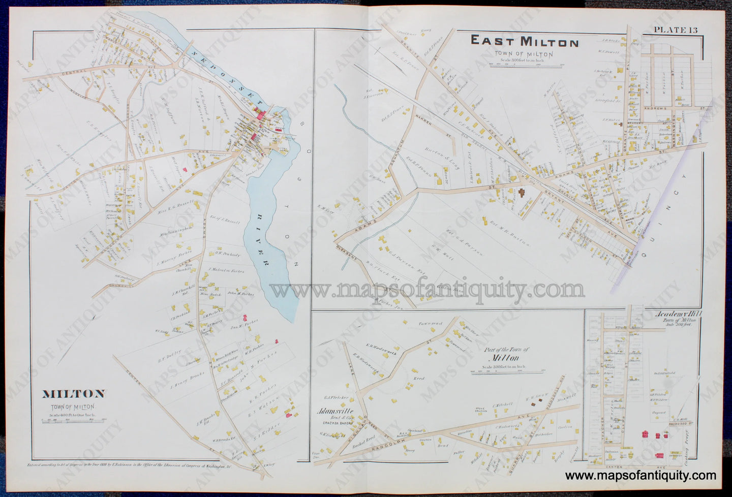 Antique-Hand-Colored-Map-Milton/East-Milton--Milton-1888-Robinson-Maps-Of-Antiquity