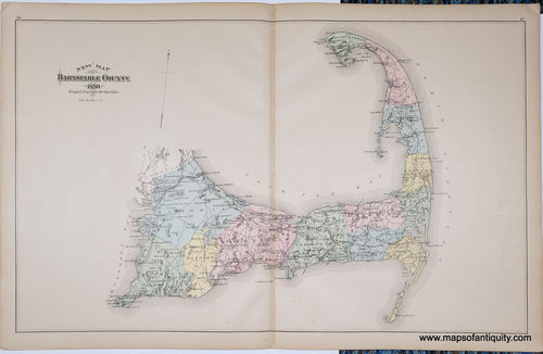 Antique map of cape cod, barnstable county, with original hand-coloring, in tones of pink, green, blue, yellow. colored by town.