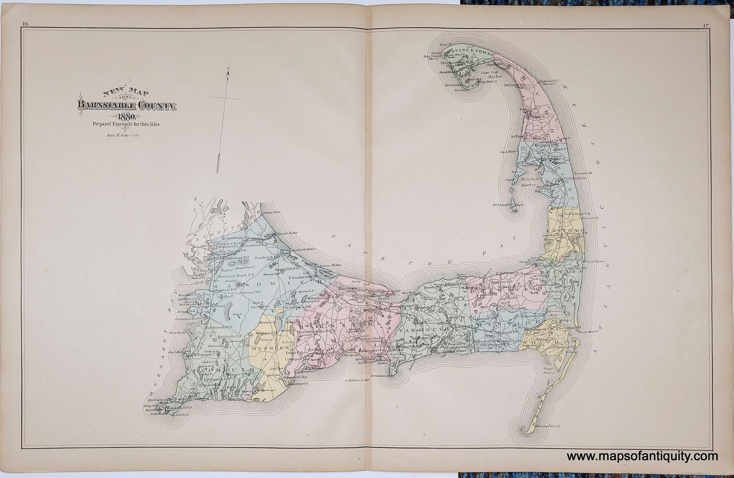 Antique map of cape cod, barnstable county, with original hand-coloring, in tones of pink, green, blue, yellow. colored by town.