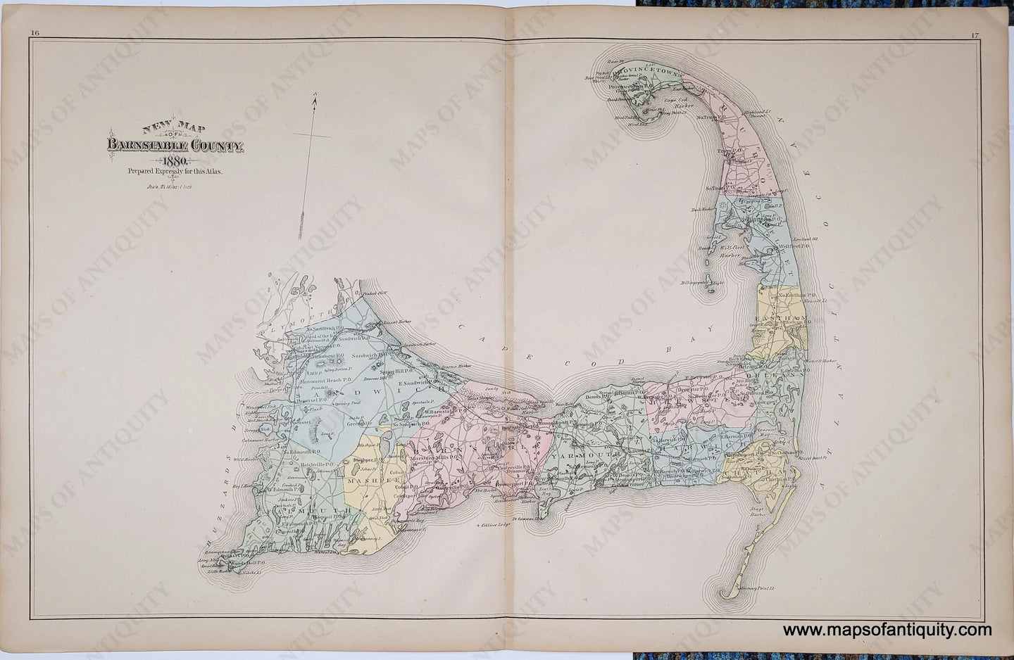 Antique map of cape cod, barnstable county, with original hand-coloring, in tones of pink, green, blue, yellow. colored by town.