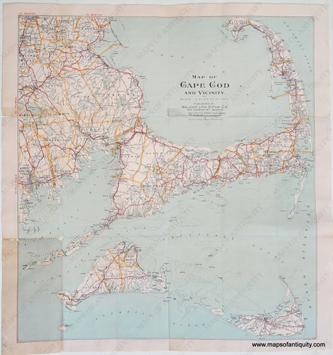 Antique-Map-of-Cape-Cod-and-Vicinity-Islands-Martha's Vineyard and Nantucket, buzzards bay, plymouth, road map-Massachusetts-1915, 1900s, 1910s, 20th century, blue water, red roads, gold town boundaries.Maps-of-Antiquity