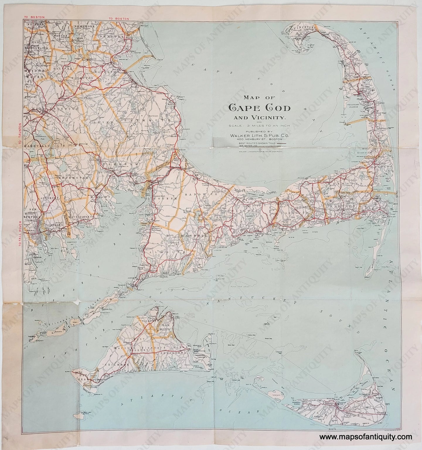 Antique-Map-of-Cape-Cod-and-Vicinity-Islands-Martha's Vineyard and Nantucket, buzzards bay, plymouth, road map-Massachusetts-1915, 1900s, 1910s, 20th century, blue water, red roads, gold town boundaries.Maps-of-Antiquity