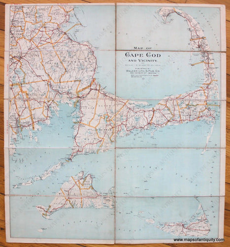 1915 - Map Of Cape Cod And Vicinity Antique Genuine Lithograph Road Folding With Linen Back