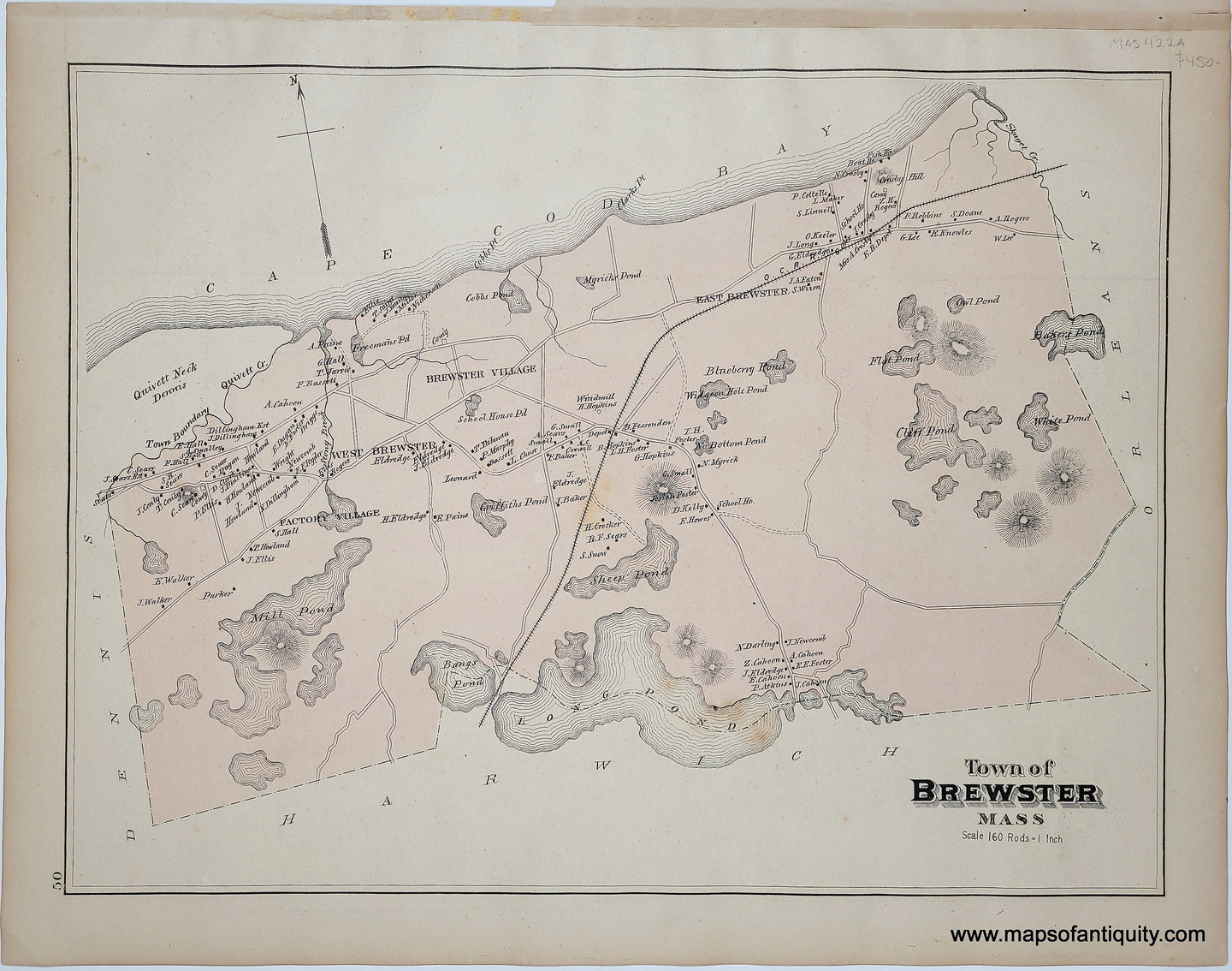 Antique map of Brewster on Cape Cod with original hand-coloring in antique tones of pink.