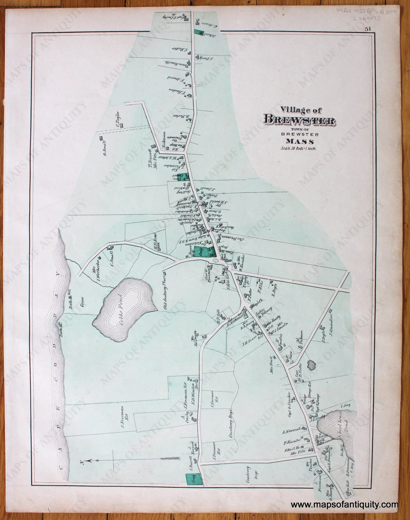 Antique-Hand-Colored-Map-Village-of-Brewster-p.-51-US-Massachusetts-Cape-Cod-and-Islands-1880-Walker-Maps-Of-Antiquity