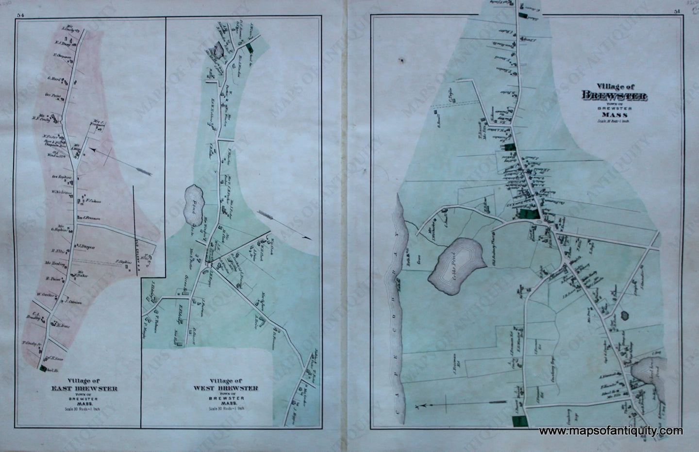 Antique-Hand-Colored-Map-Village-of-Brewster-p.-51-Villages-of-East-Brewster-and-West-Brewster-p.-54-US-Massachusetts-Cape-Cod-and-Islands-1880-Walker-Maps-Of-Antiquity