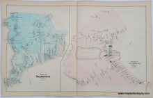 Load image into Gallery viewer, Antique map with the Town of Falmouth on the left colored in light blue and the Village of Falmouth, Massachusetts, on the right, colored in a light pink. On the village map, the parks and cemeteries are a bright green. All color is original. 
