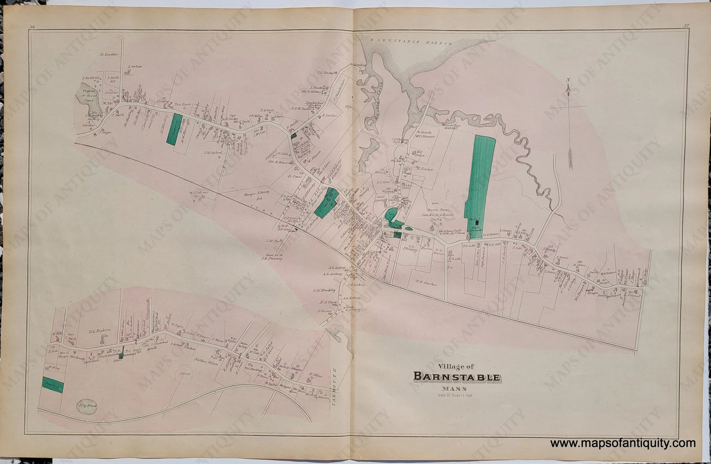 Antique-Hand-Colored-Map-Village-of-Barnstable-pp.-36-37-US-Massachusetts-Cape-Cod-and-Islands-1880-Walker-Maps-Of-Antiquity