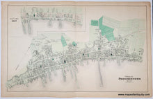 Load image into Gallery viewer, Antique map showing the Village of Provincetown in antique green tones with darker green for cemeteries, parks, schools, public spaces. Many wharves reflect the seafaring nature of the commerce at the time.
