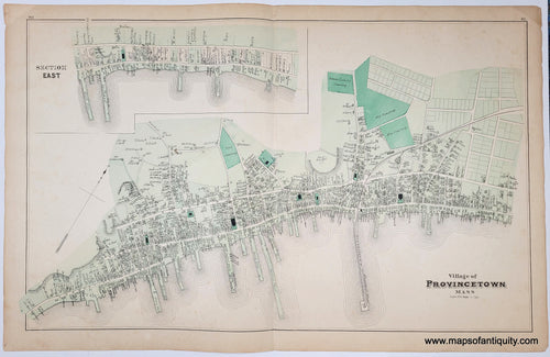 Antique map showing the Village of Provincetown in antique green tones with darker green for cemeteries, parks, schools, public spaces. Many wharves reflect the seafaring nature of the commerce at the time.