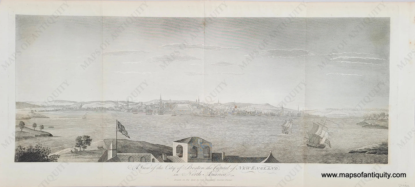 Black-and-White-Antique-Print-Illustration-A-View-of-the-City-of-Boston-the-Capital-of-New-England-in-North-America-Drawn-by-His-Excellency-Governor-Pownal-1757.-US-Massachusetts-Boston-1856-Drake's-History-of-Boston-Maps-Of-Antiquity