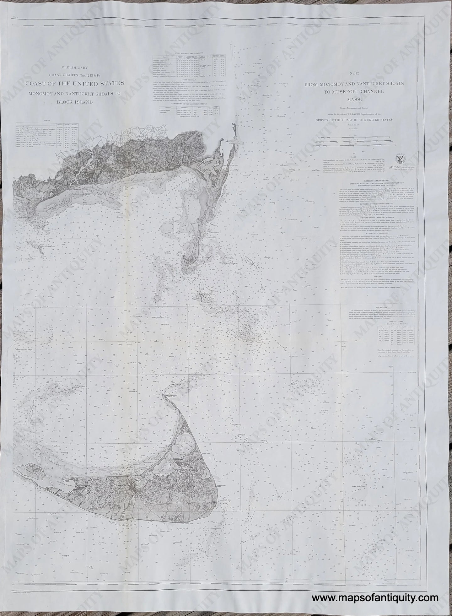 UnColored-Antique-Coastal-Chart--Chart-No.-12-From-Monomoy-and-Nantucket-Shoals-to-Muskeget-Channel-Mass.-US-Massachusetts-Cape-Cod-and-Islands-1860-U.S.-Coast-Survey-Maps-Of-Antiquity