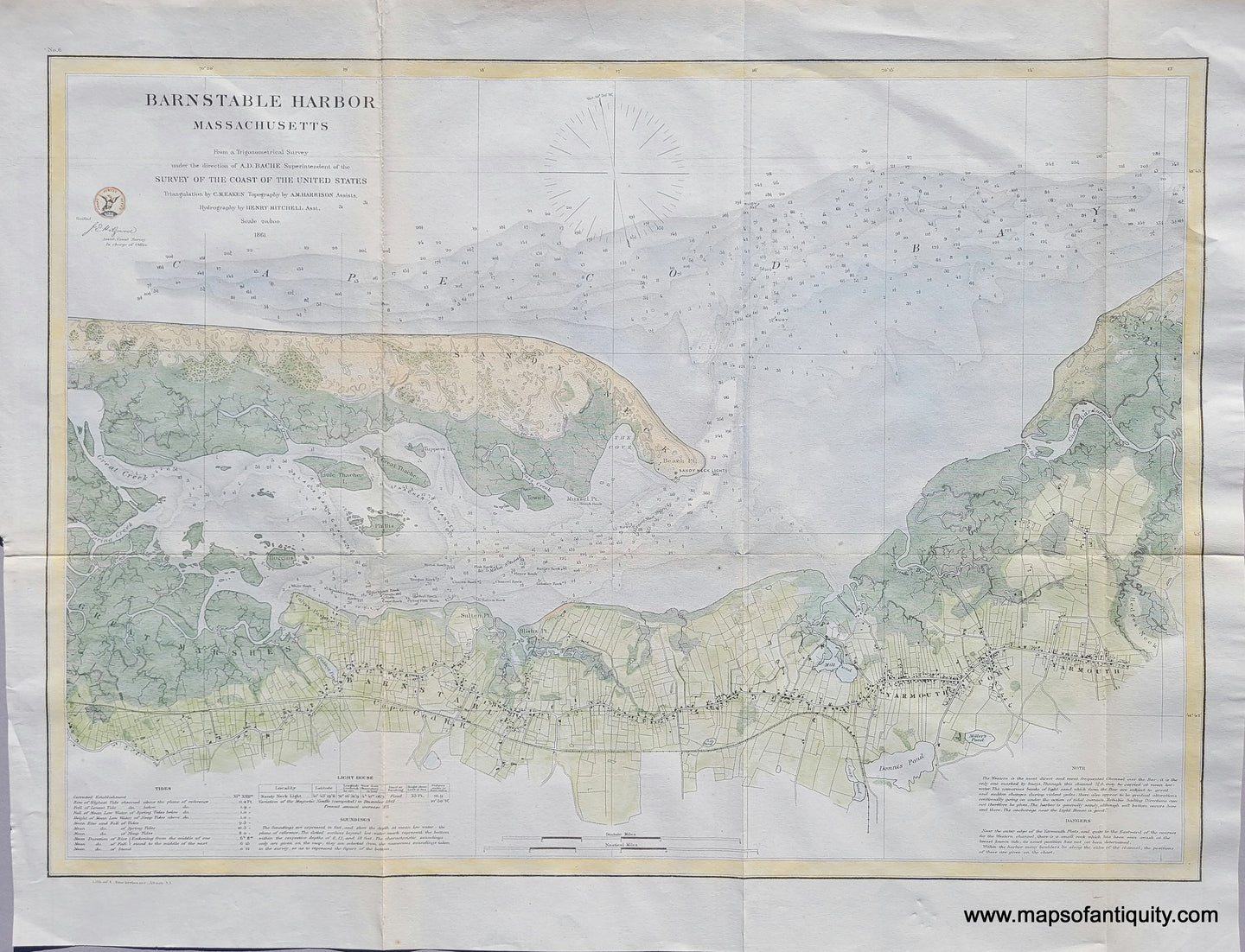 Antique-Map-Coast-Chart-Barnstable-Harbor-Massachusetts-MA-USCS-Coast-Survey-Cape-Cod-Sandy-Neck-1861-1860s-1800s-19th-century-Maps-of-Antiquity-Massachusetts-Maps-of-Antiquity