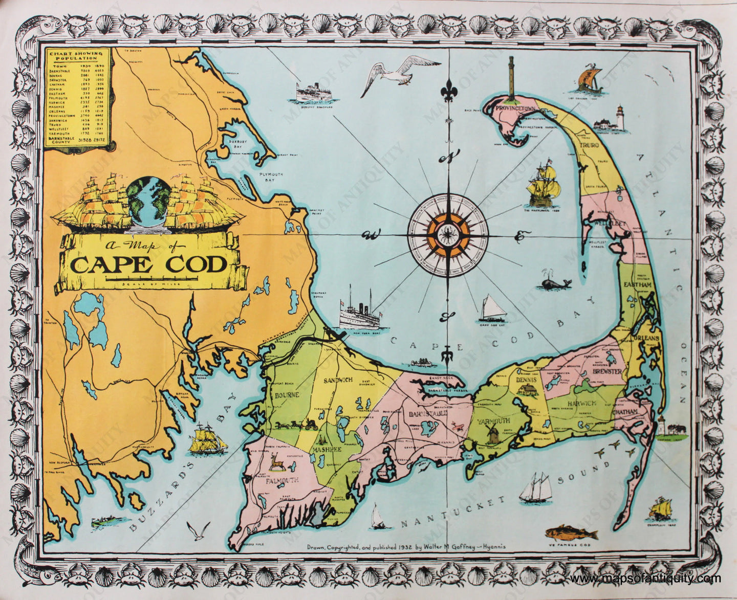 Antique-Map-A-Map-of-Cape-Cod-**********-US-Massachusetts-Cape-Cod-and-Islands-1932-Gaffney-Maps-Of-Antiquity