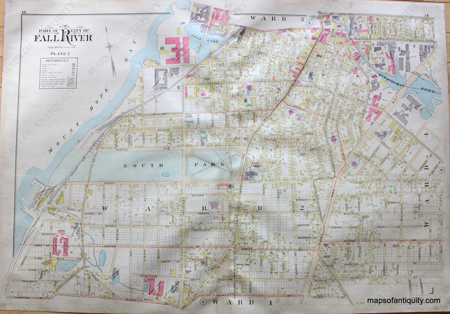 Antique-Hand-Colored-Map-City-of-Fall-River-part-of-(Plate-2)--(MA)-US-Massachusetts-Fall-River-1895-Everts-&-Richards-Maps-Of-Antiquity