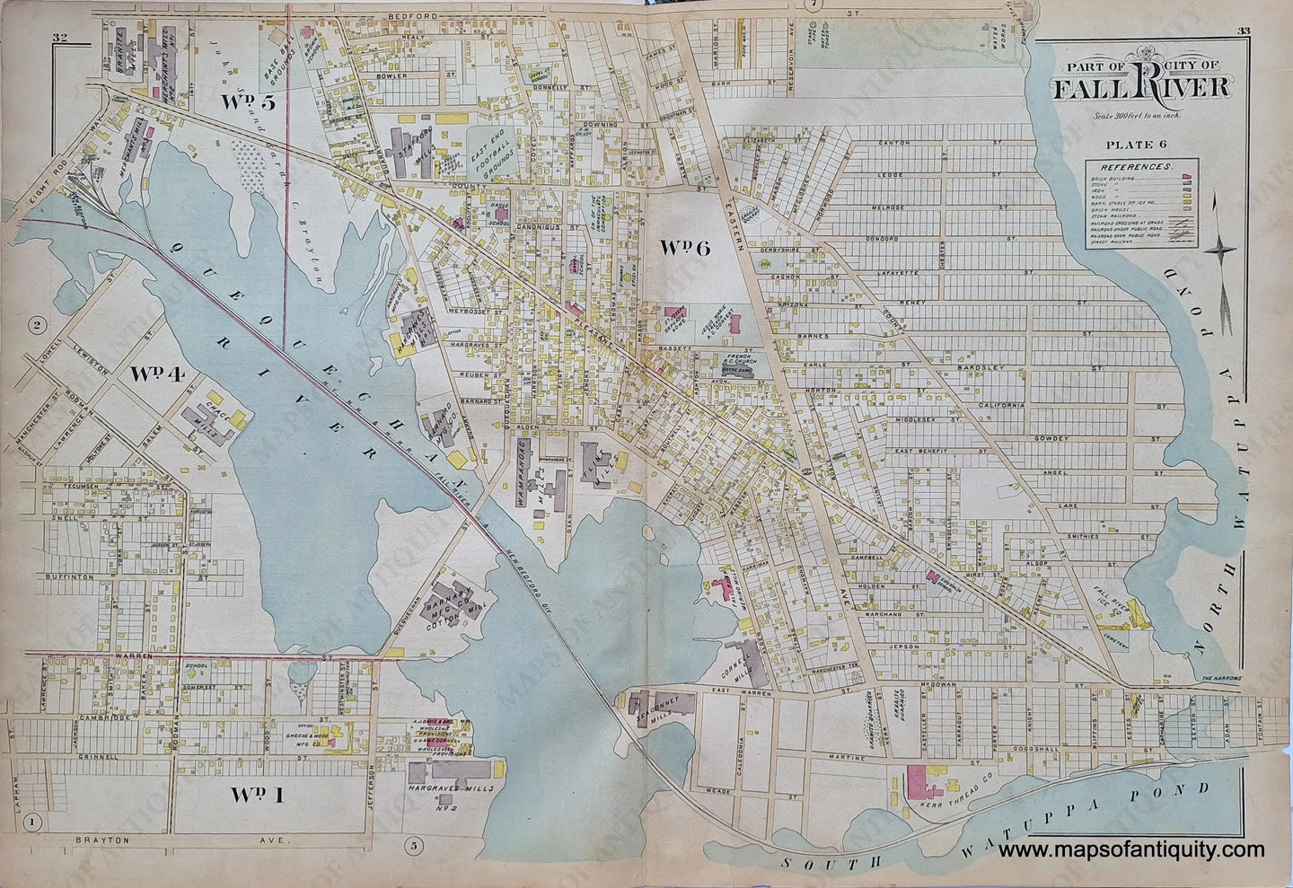 Antique-Hand-Colored-Map-City-of-Fall-River-part-of-(Plate-6)-(MA)-US-Massachusetts-Fall-River-1895-Everts-&-Richards-Maps-Of-Antiquity