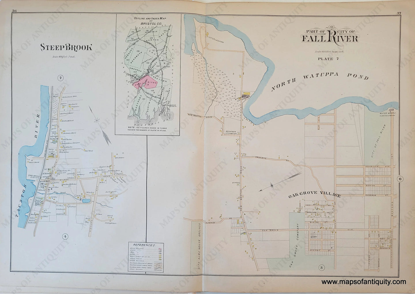 Antique-Hand-Colored-Map-City-of-Fall-River-part-of-(Plate-7)-(MA)-US-Massachusetts-Fall-River-1895-Everts-&-Richards-Maps-Of-Antiquity