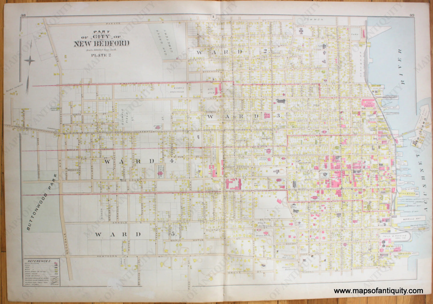 Antique-Hand-Colored-Map-City-of-New-Bedford-Part-of-(Plate-2)--(MA)-US-Massachusetts-New--Bedford-1895-Everts-&-Richards-Maps-Of-Antiquity