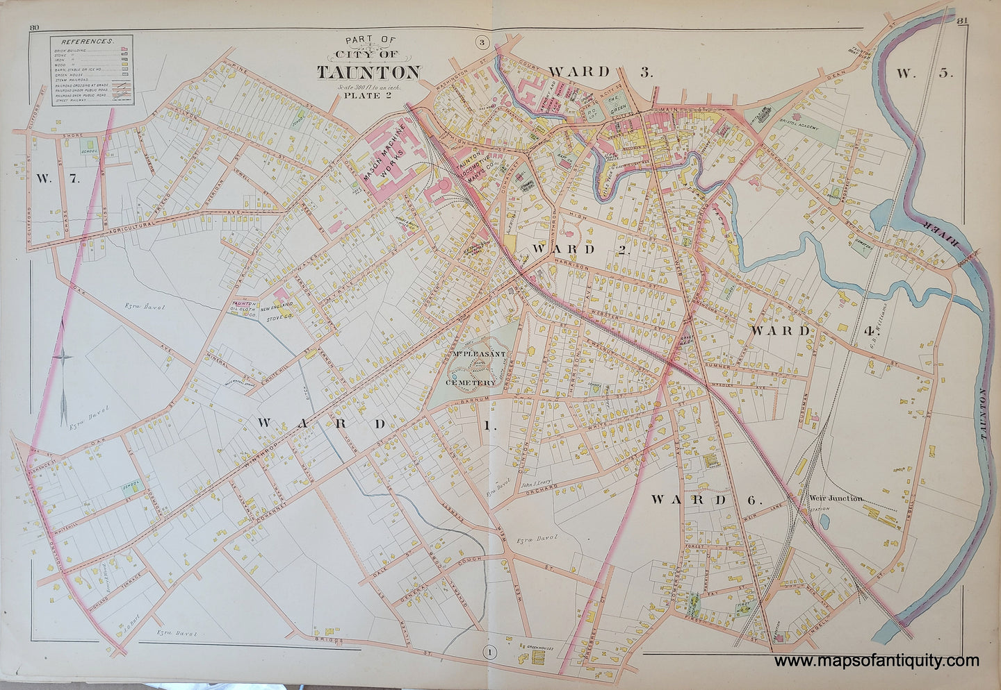 Antique-Hand-Colored-Map-City-of-Taunton-Part-of-(Plate-2)-(MA)-US-Massachusetts-Taunton-1895-Everts-&-Richards-Maps-Of-Antiquity