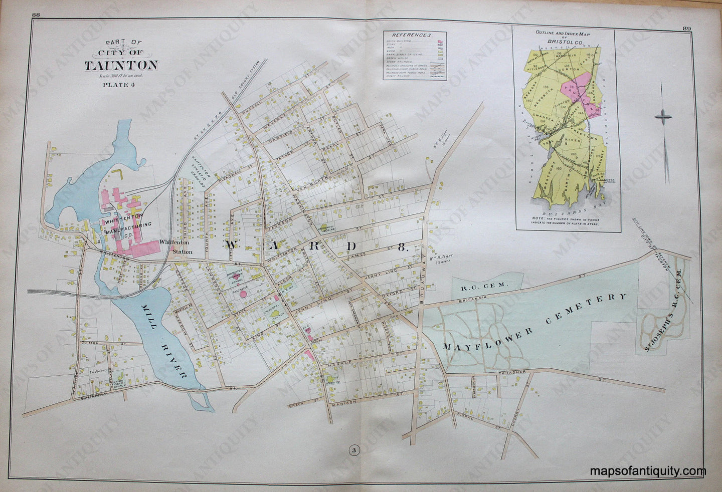 Antique-Hand-Colored-Map-City-of-Taunton-Part-of-(Plate-4)-Bristol-Co.-Outline-&-Index--(MA)-US-Massachusetts-Taunton-1895-Everts-&-Richards-Maps-Of-Antiquity