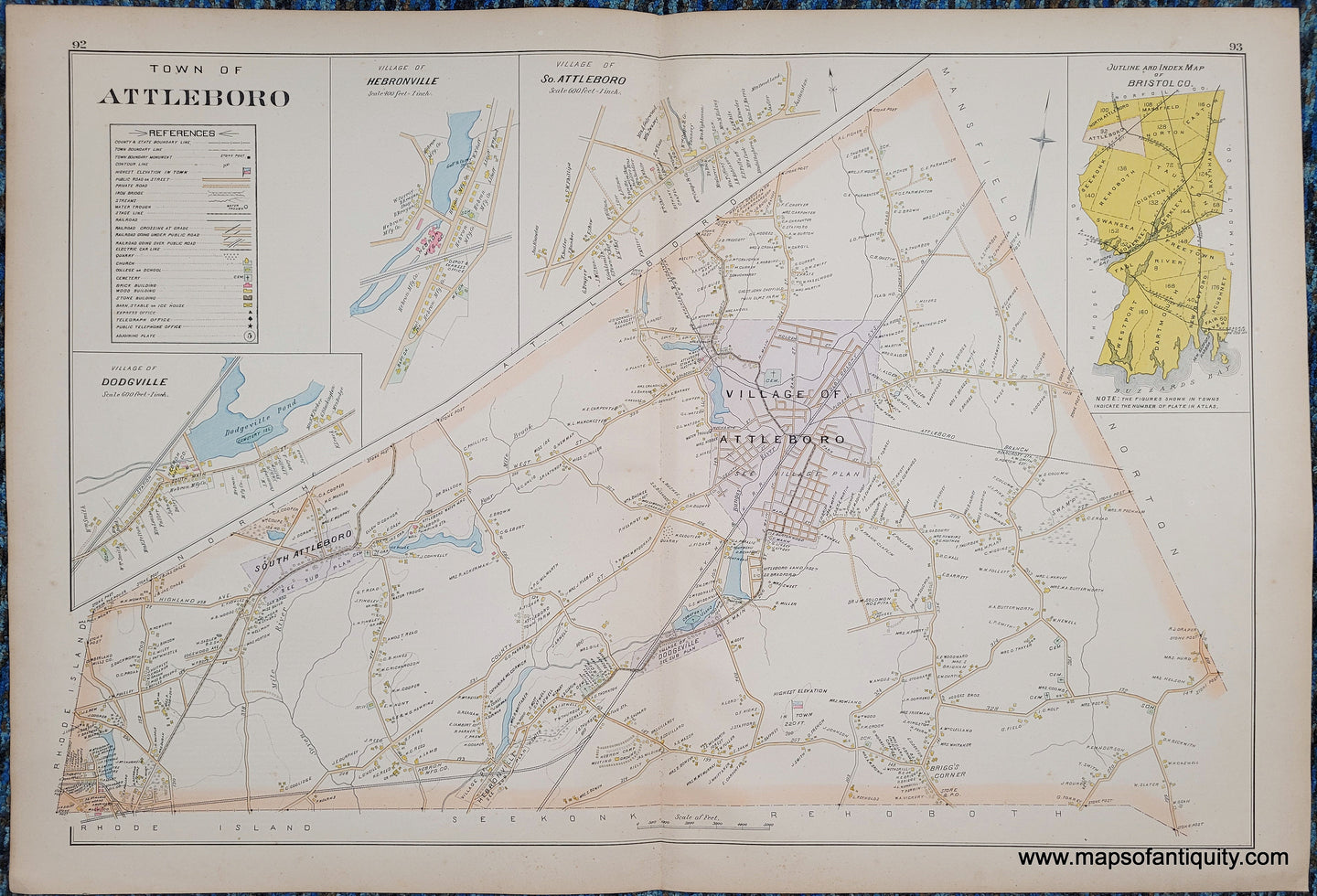 Antique-Hand-Colored-Map-Town-of-Attleboro--Hebronville-So.-Attleboro-Dodgeville-(MA)-***********-US-Massachusetts-Attleboro-1895-Everts-&-Richards-Maps-Of-Antiquity