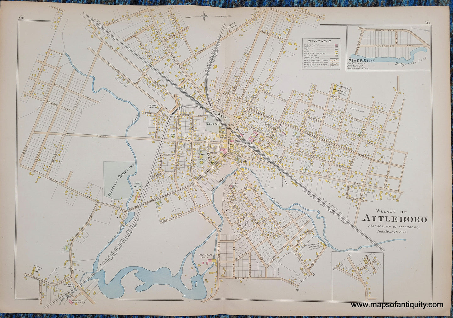 Antique-Hand-Colored-Map-Village-of-Attleboro-Riverside-(MA)-**********-US-Massachusetts-Attleboro-1895-Everts-&-Richards-Maps-Of-Antiquity