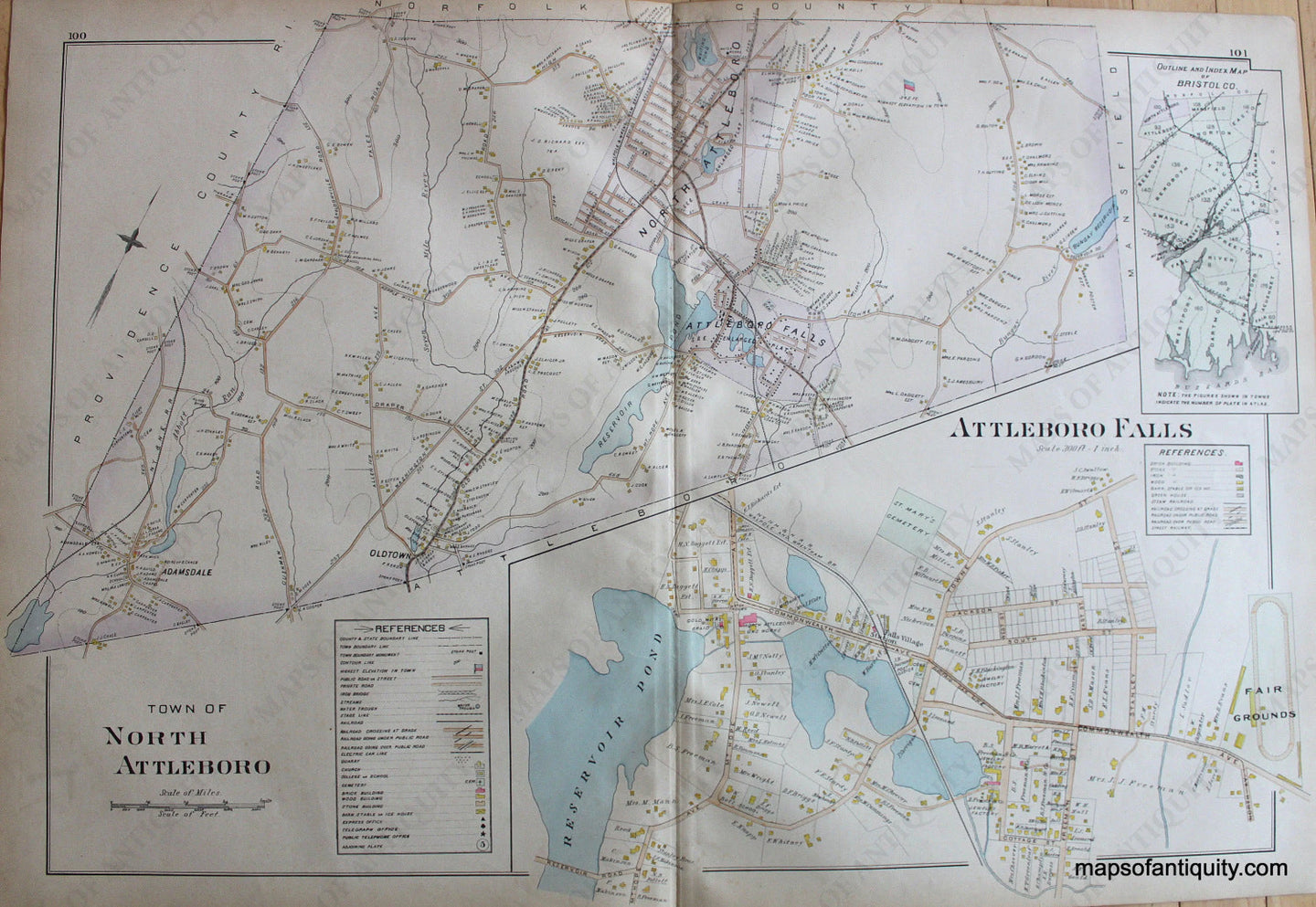 Antique-Hand-Colored-Map-Town-of-No.-Attleboro-Attleboro-Falls-(MA)-US-Massachusetts-Attleboro-1895-Everts-&-Richards-Maps-Of-Antiquity