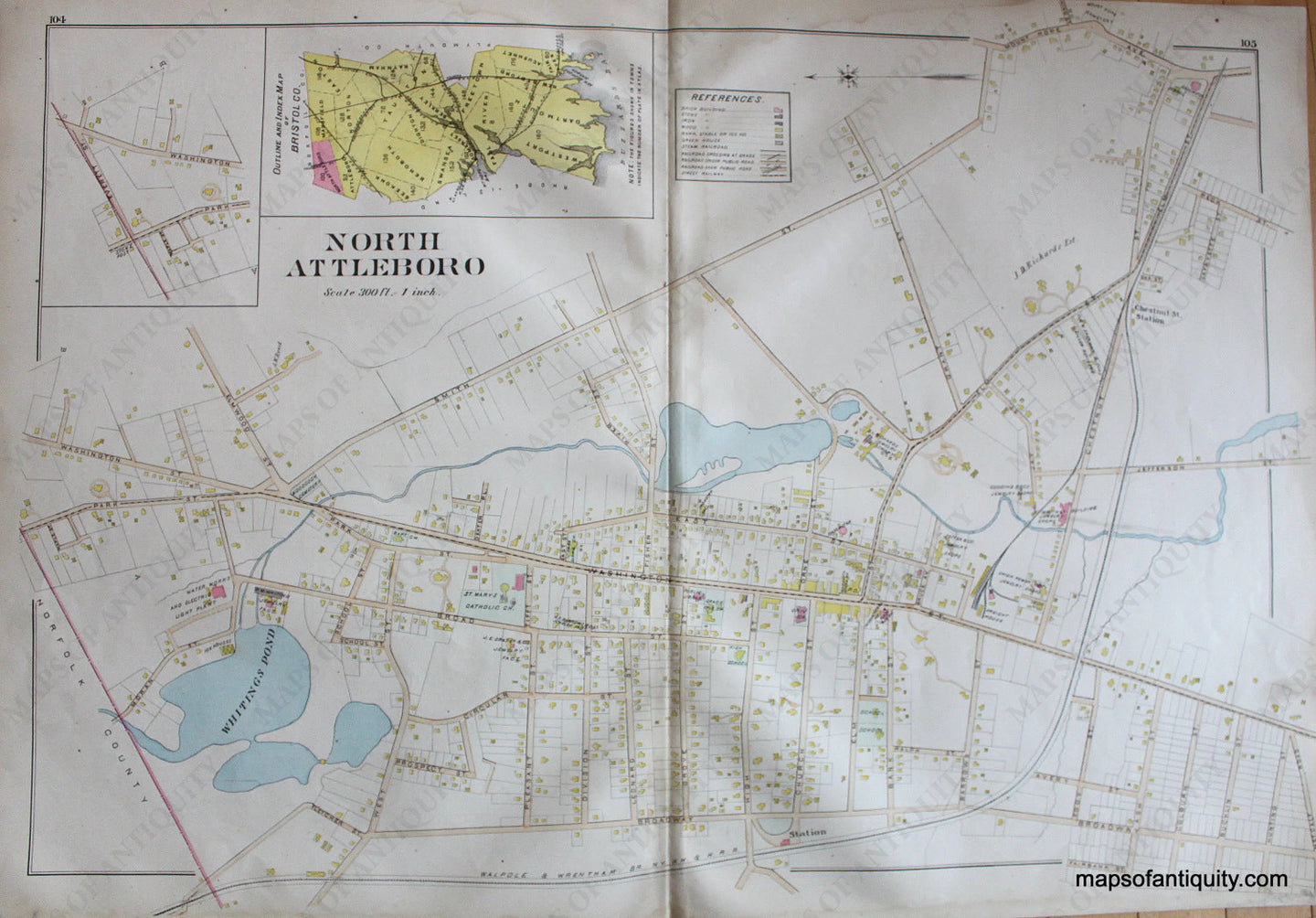 Antique-Hand-Colored-Map-North-Attleboro-(MA)-US-Massachusetts-Attleboro-1895-Everts-&-Richards-Maps-Of-Antiquity